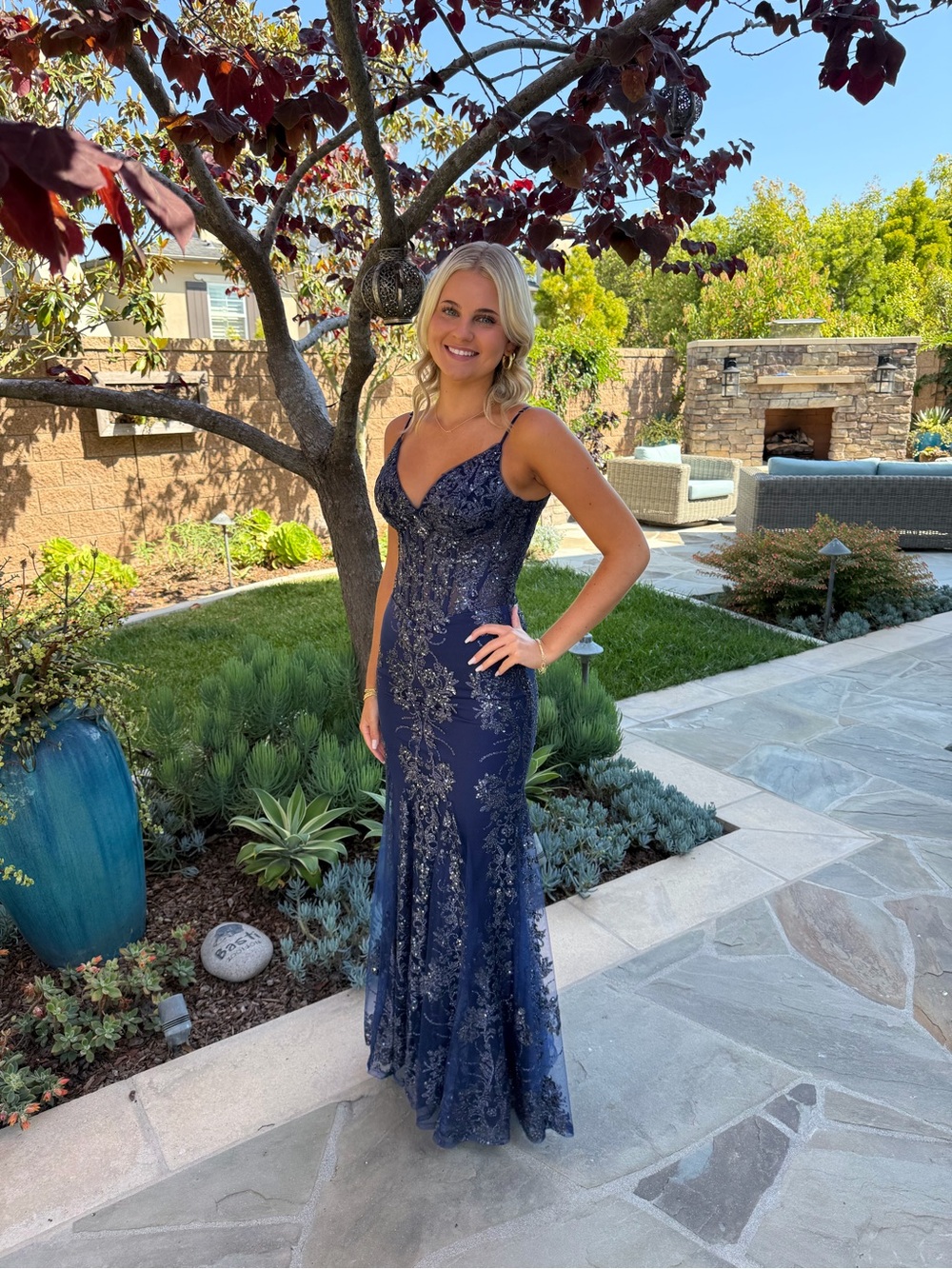 Navy Embellished Spaghetti-Strap Prom Gown